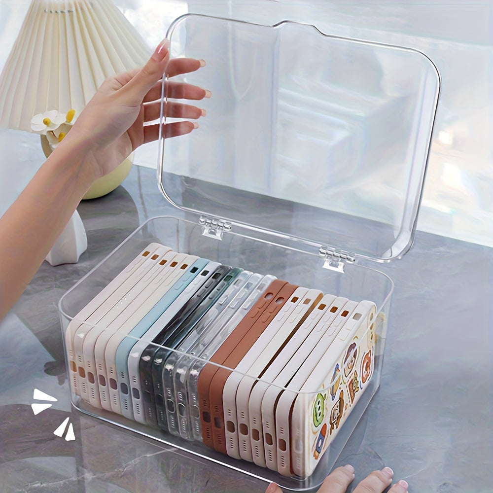 Acrylic Clear Desktop Storage Box with Lid – Smartphone Case Holder & Desk Drawer Organizer for Home Office Accessories, Storage Bins for Home Organization