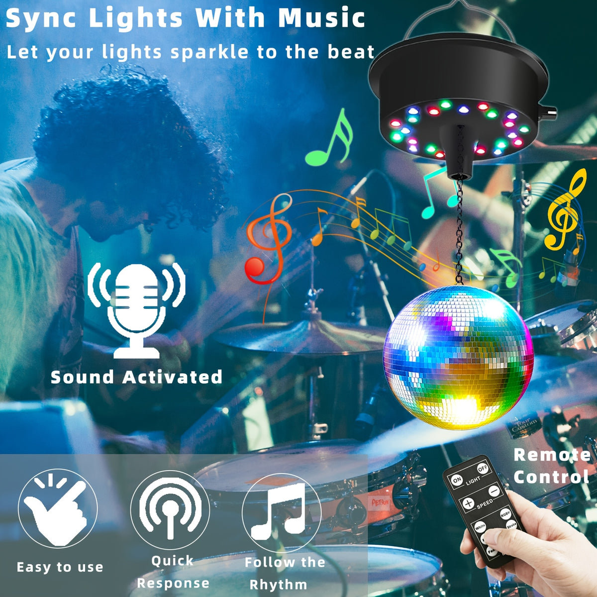 Disco Ball Motor with Remote Control RGBW LED Spinner 5-10 RPM Sound Activated Mirror Ball Rotator for Party Home DJ Club Stage Decor
