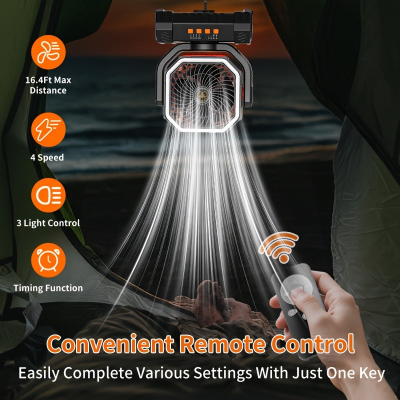 Camping Fan 20000mAh Rechargeable with LED Light, Remote Control, 270° Oscillation & Power Bank – 4 Speeds, 59-Hour Battery, 3 Use Modes