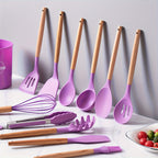 Silicone Kitchen Utensil Set 12 Piece with Wooden Handles - Non-Stick Heat Resistant Cooking Tools for Home, Dorm & Baking, Colorful Kitchen Gadgets Gift Set