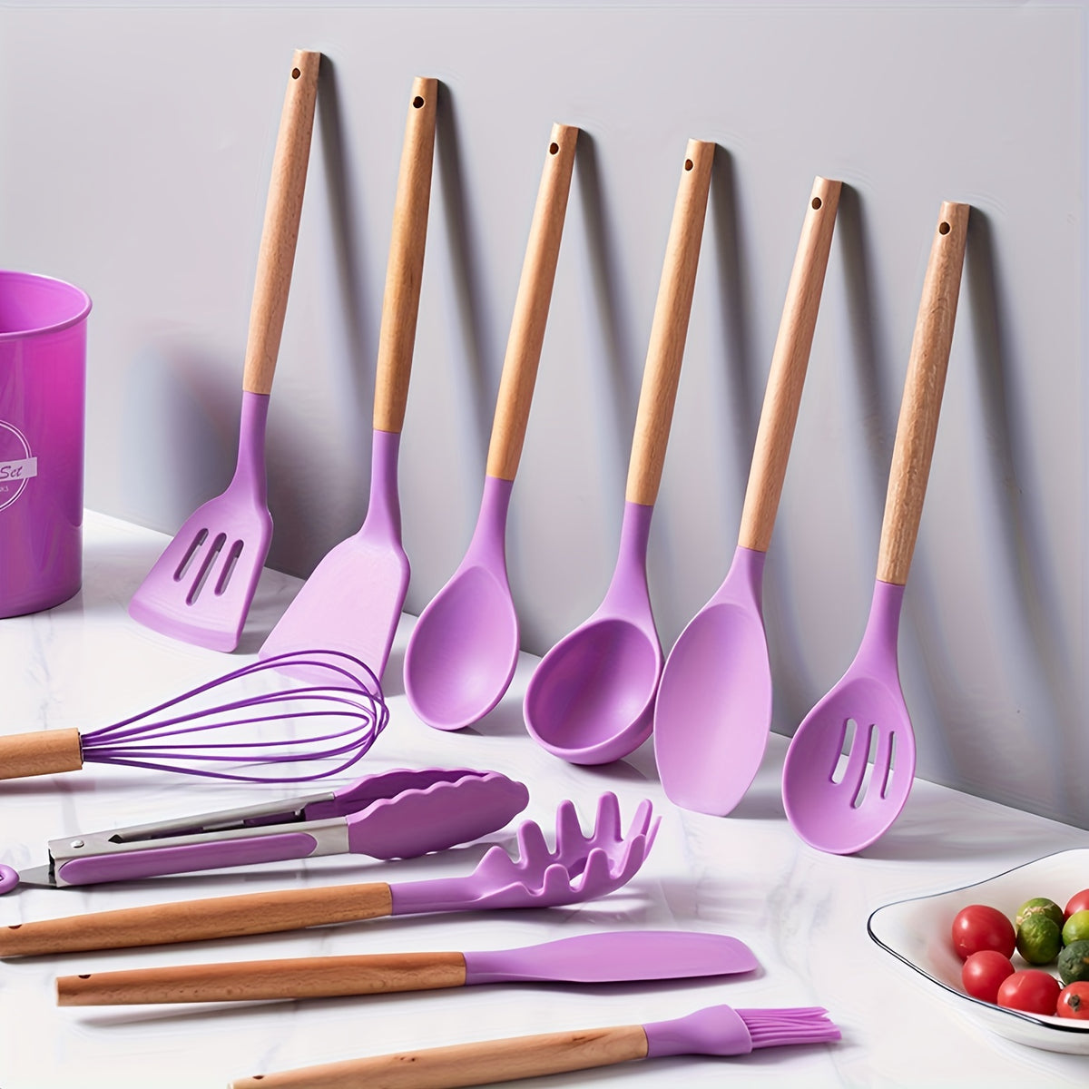 Silicone Kitchen Utensil Set 12 Piece with Wooden Handles - Non-Stick Heat Resistant Cooking Tools for Home, Dorm & Baking, Colorful Kitchen Gadgets Gift Set