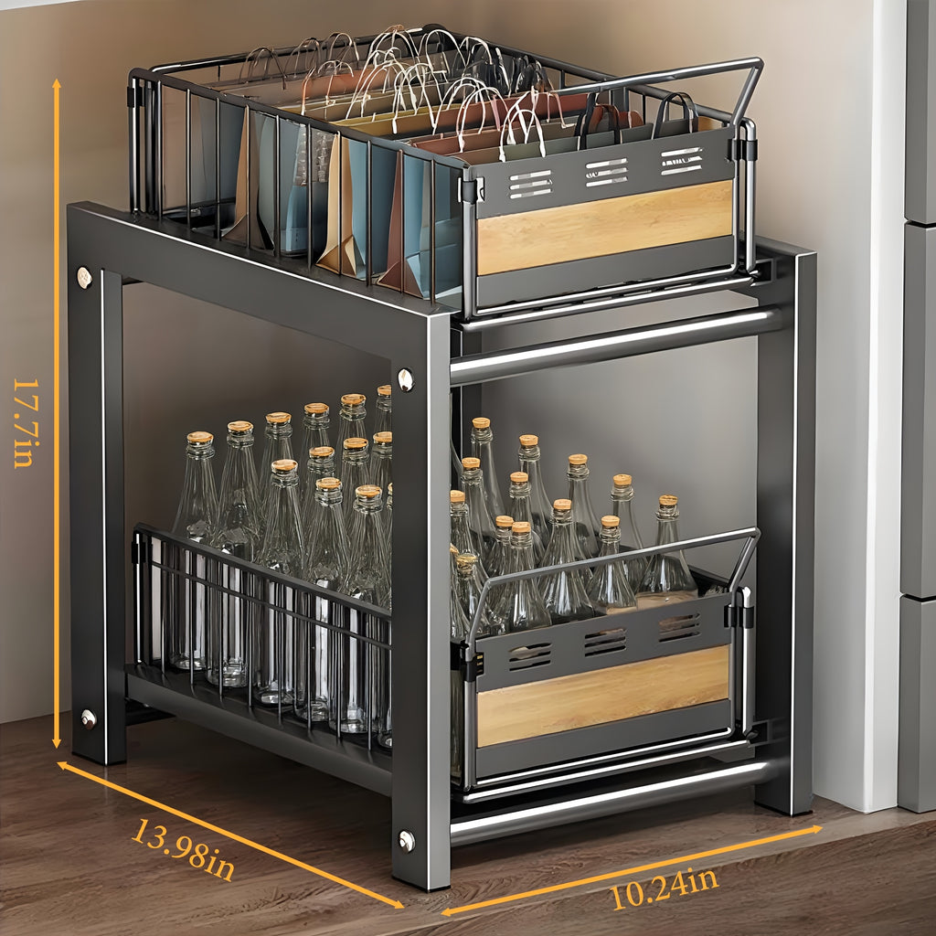 2-Tier Pull Out Cabinet Drawer Organizer No Drill - Slide Out Kitchen Pantry Shelf, Space-Saving Roll Out Storage for Spices Canned Goods Kitchenware, Black White