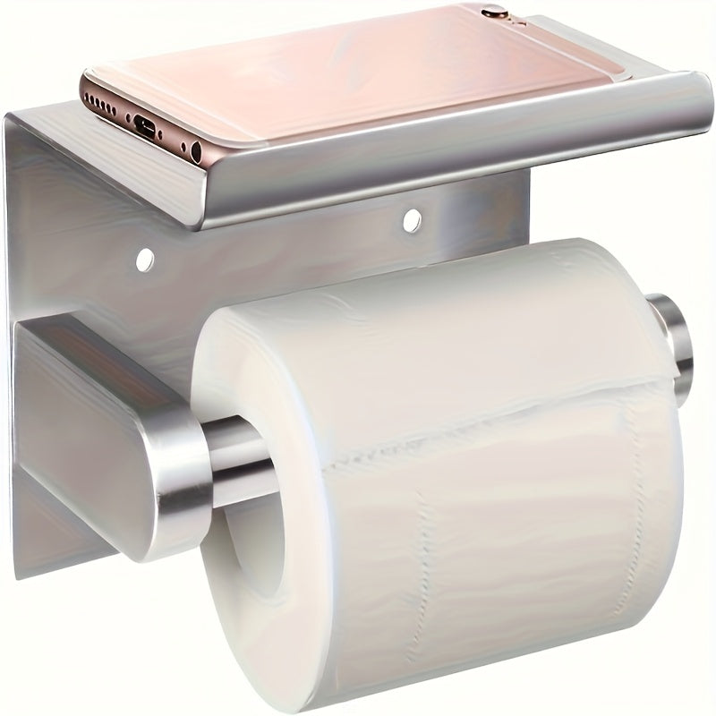 Self-Adhesive Toilet Paper Holder with Phone Stand - No-Drill Stainless Steel Wall Mount Bathroom Tissue Roll Holder with Shelf, Polished Finish Bathroom Accessories
