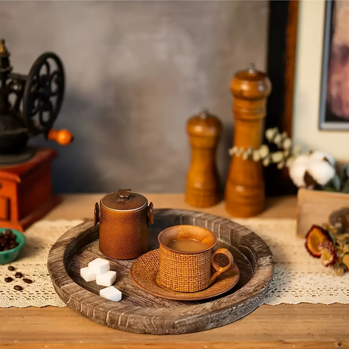 Rustic Round Wood Decorative Tray – Distressed Farmhouse Wooden Tray for Coffee Table, Ottoman, Living Room & Kitchen Counter Decor, Candle Holder Base & Boho Home Styling