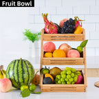 3 Tier Bamboo Fruit Basket Rack Large Capacity Countertop Kitchen Storage for Fruits Vegetables & Bread – Natural Wood Ventilated Design