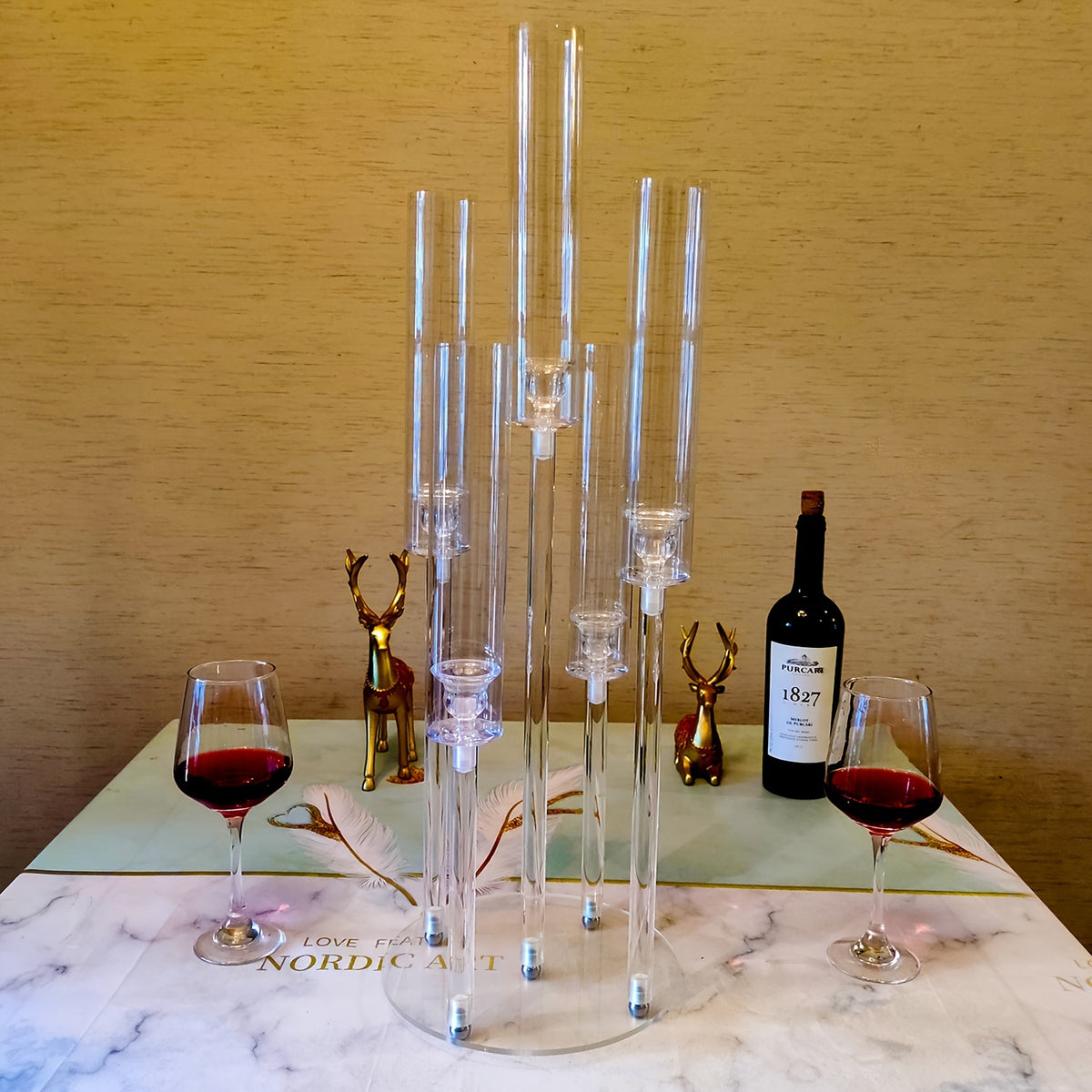 Acrylic Candelabra Centerpiece Set of 2 – Clear 5-Arm Candle Holder with Shades, 3-Height Design for Wedding, Christmas, Thanksgiving, Birthday & Party Table Decor – Fits 0.87" LED Candles