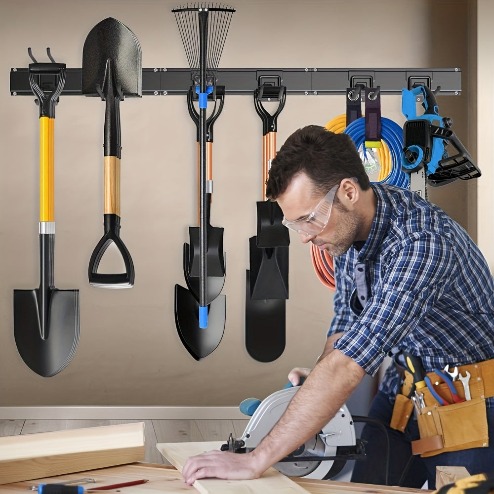 Wall Mount Garage Tool Organizer 48", Heavy Duty Steel Storage Rack with Swivel Lock Hooks, 420lbs Capacity, Holds Brooms, Shovels, Hoses & Garden Tools, Adjustable Pegboard Wall System for Garage & Shed