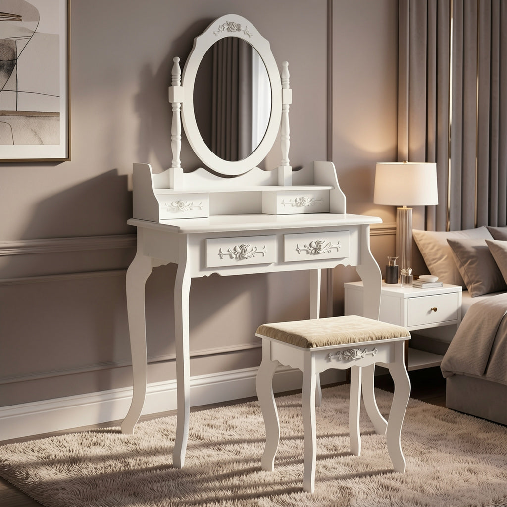 Vanity Desk with Mirror and 4 Drawers 360° Rotating Detachable Dressing Table with Stool – Modern White Makeup Table for Bedroom