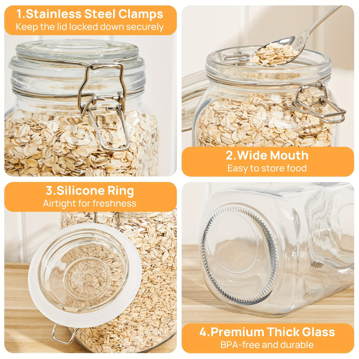 50oz Airtight Glass Jars with Lids Set of 3 - Square Borosilicate Food Storage Canisters for Pantry Organization, for Sugar Flour Cereal Coffee | Nuvia Haven