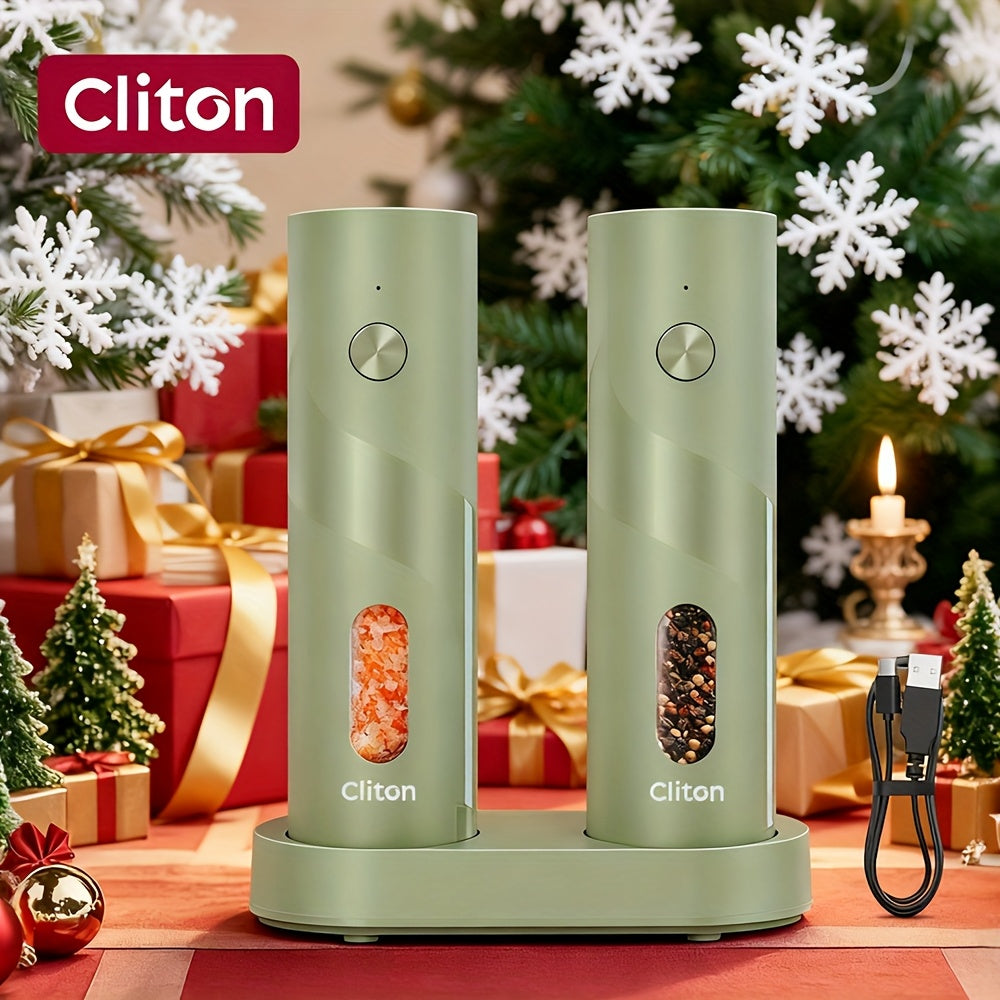 Electric Salt and Pepper Grinder Set 2-Piece USB Rechargeable with LED Light & Charging Base - One-Hand Automatic Salt Pepper Mill Shaker Set for Kitchen Cooking Dining Gift, Black/Green