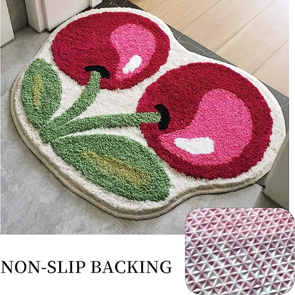 Cherry Shaped Bath Mat Fluffy Velvet Non-Slip Bathroom Rug - Cute Novelty Shower Mat 19.6x23.6 Inch, Machine Washable Fun Artistic Bathroom Door Rug & Foot Pad for Shower or Tub