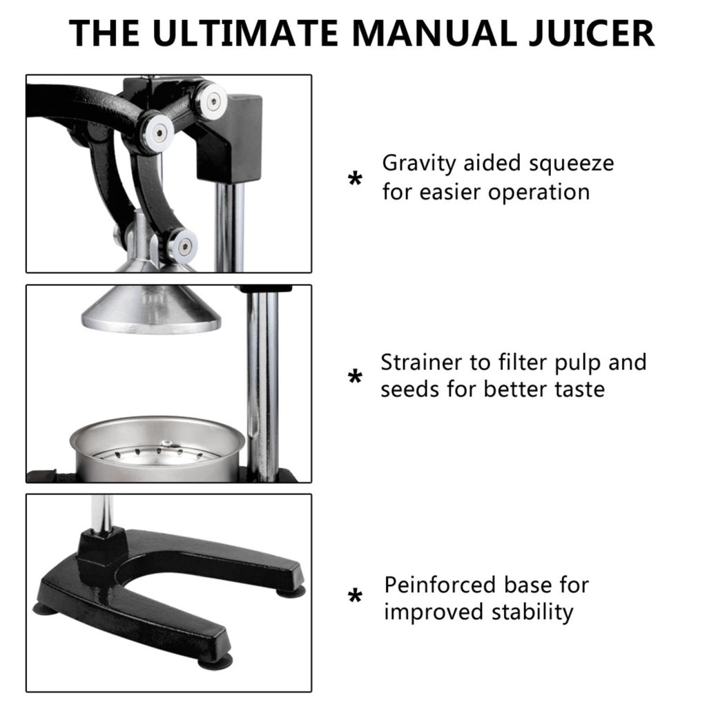 Manual Citrus Juicer Heavy Duty Cast Iron Hand Press Juice Squeezer for Orange Lemon Lime Pomegranate - Commercial Grade Fruit Juicer with Safety Lock & Stainless Steel Strainer