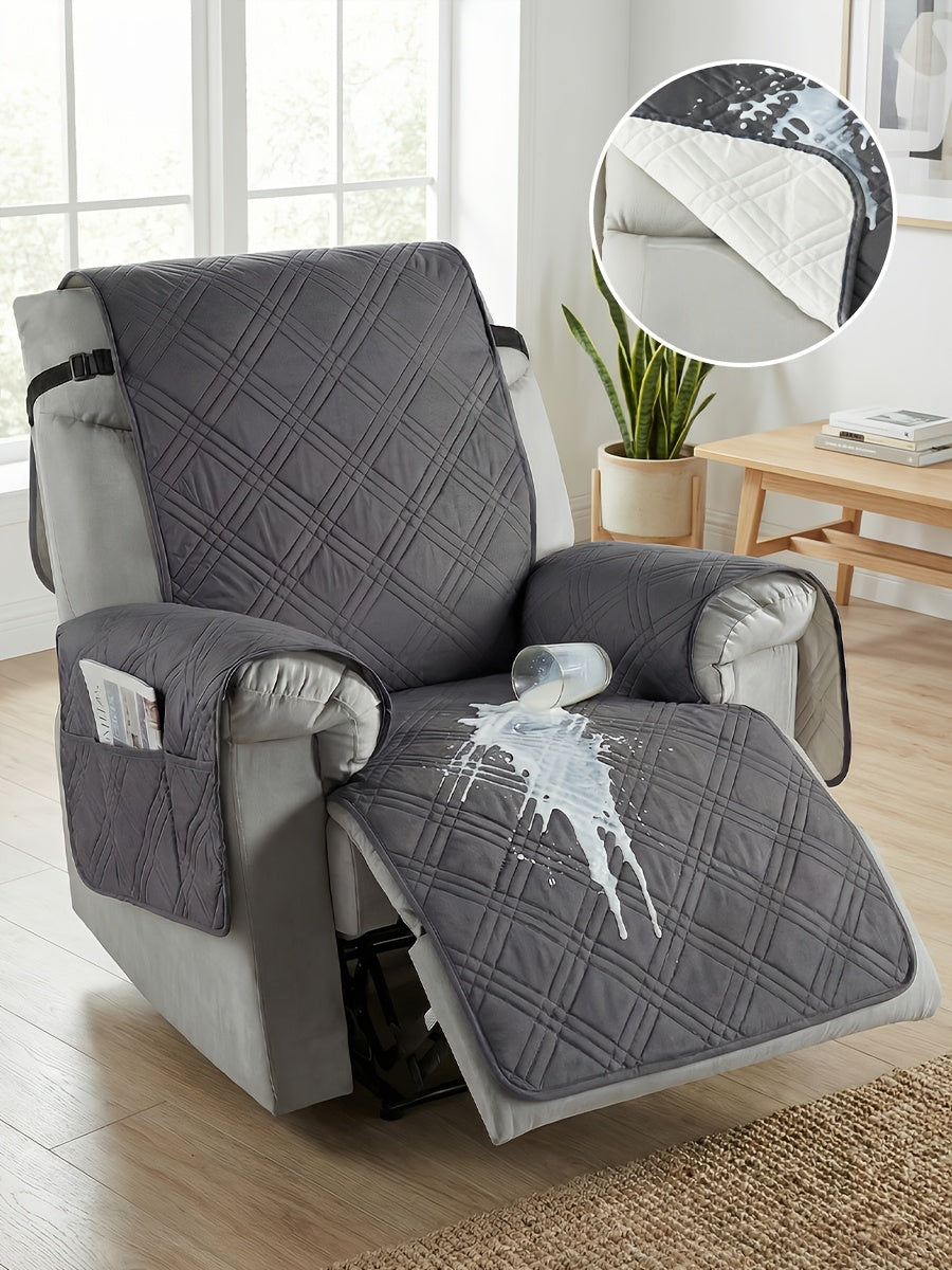 Quilted Recliner Cover with Side Pocket Anti-Slip Elastic Band Pet Furniture Protector – Easy to Install Sofa Recliner Slipcover for Living Room, All-Season Home Decor