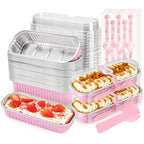 100 Pack Mini Aluminum Foil Cake Pans with Lids and Spoons - 6.8oz Rectangular Baking Pans for Mini Cheesecakes Desserts and Holiday Baking - Disposable Bakeware Set
