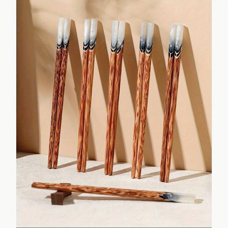 Coconut Wood Chopsticks 5 Pairs Vietnamese Handmade Natural Shell Inlay Anti-Slip Anti-Mold 9.84 Inch Reusable Wooden Chopstick Set for Dining Hotel Home Gift