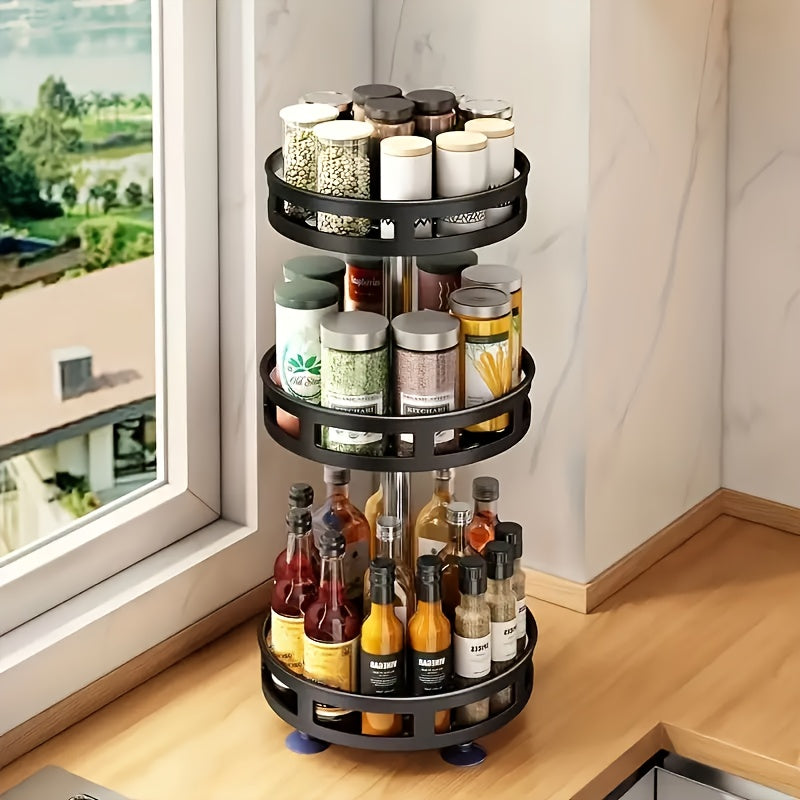 3-Tier Rotating Spice Rack – Metal Turntable Countertop Spice Jar Organizer for Kitchen, Seasoning Storage Rack, Sleek Black Finish