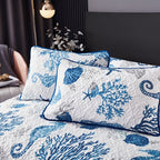 Ocean Style Quilt Cover Set 3pcs - Seahorse and Coral Pattern Bedspread with 2 Pillowcases Machine Washable All Seasons Soft Breathable Bedding for Bedroom and Dorm