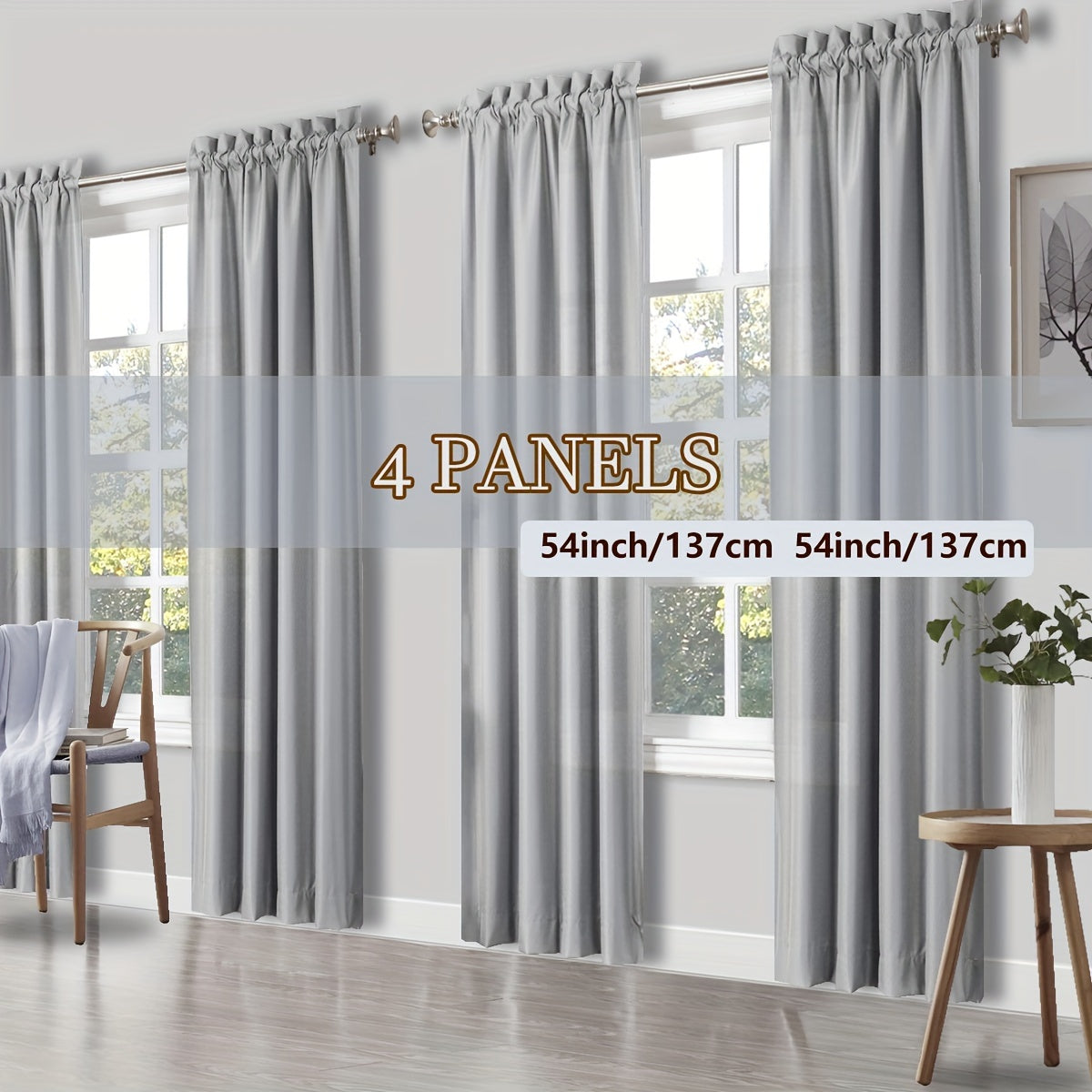 Solid Color Rod Pocket Light Filtering Curtains – 4 Panels Set for Living Room, Bedroom & Office | Multiple Sizes & 10 Colors | Simple Modern Window Panels