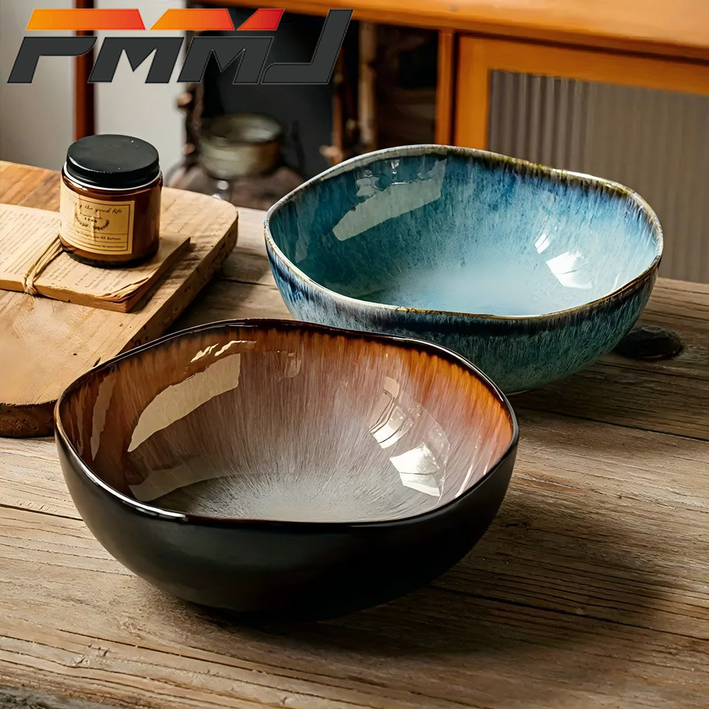 Irregular Deep Ceramic Plate 9 Inch Vintage Spotted Glaze – Unique Art Salad & Soup Bowl Plate Microwave Safe for Family Meals, Dinner Parties & Formal Events – Elegant Housewarming Gift