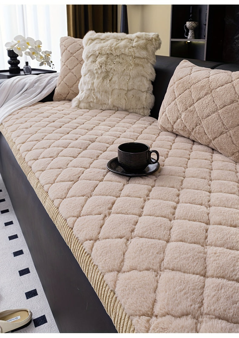 Thickened Faux Rabbit Fur Sofa Cover or Cushion Cover 2-in-1 Non-Slip Machine Washable Pet-Friendly Warm Plush Seat Pad for Bedroom Office Living Room Home Decor