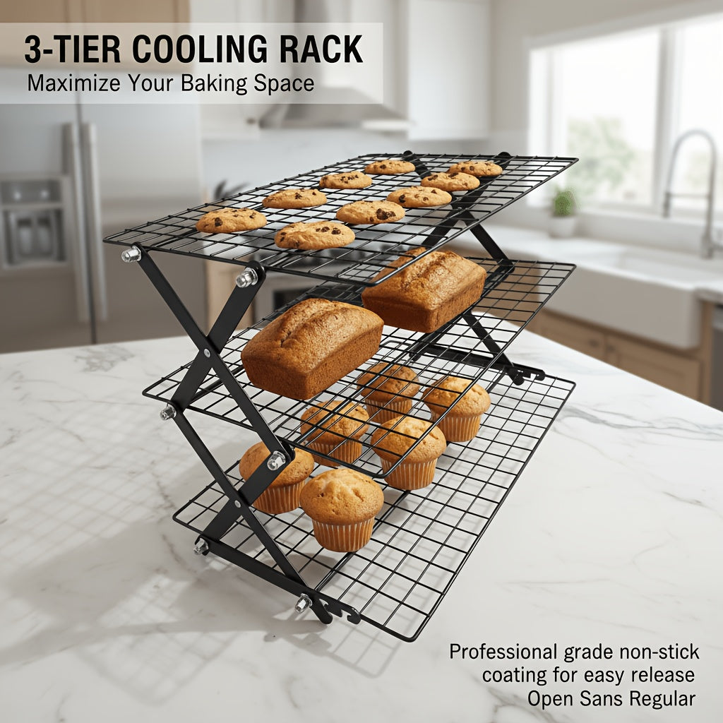 Foldable Cooling Rack 3-Layer Metal Wire Baking & Grilling Rack – Stackable Cake Cooling Tray for Baking, Roasting, Outdoor Picnic & Camping Grill