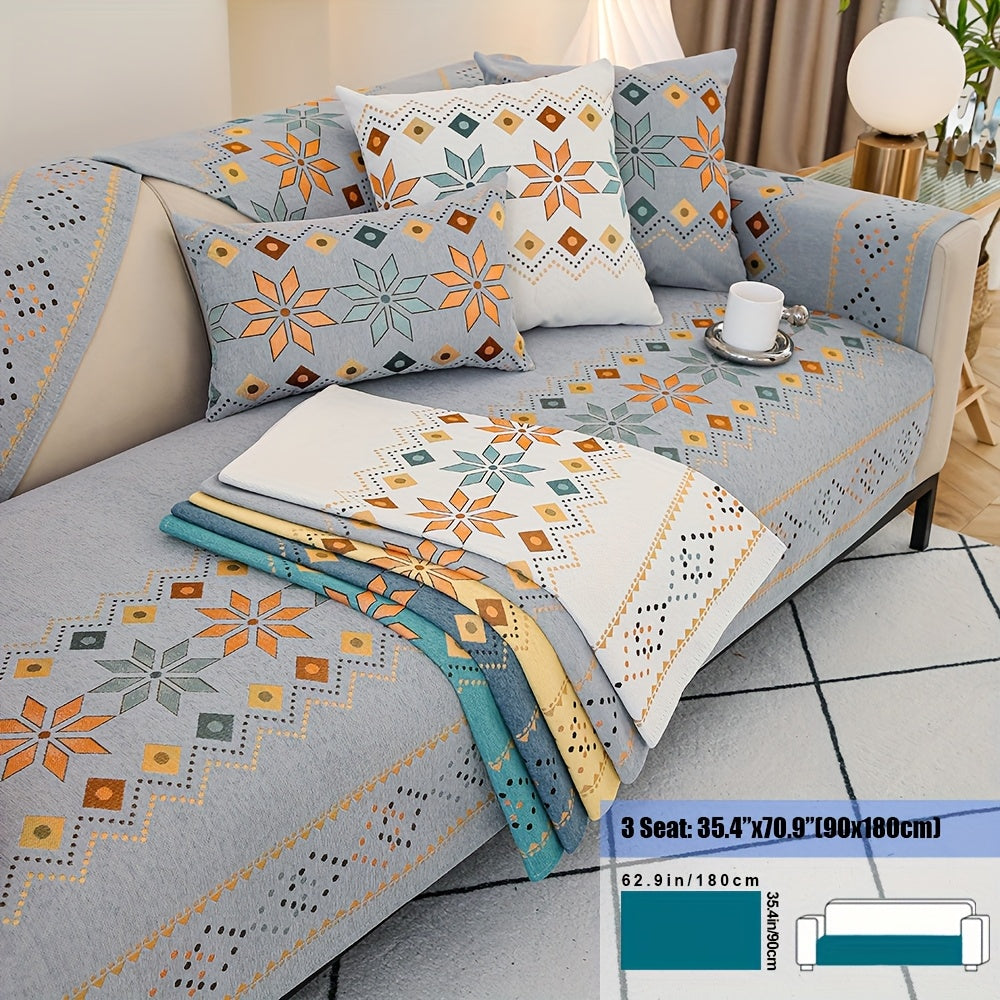 Embroidered Chenille Sofa Slipcover Bohemian Geometric Floral Pattern | Non-Slip Machine Washable Couch Cover for 1-2-3-4 Seater with Armrest & Pillow Cover Options, 6 Colors