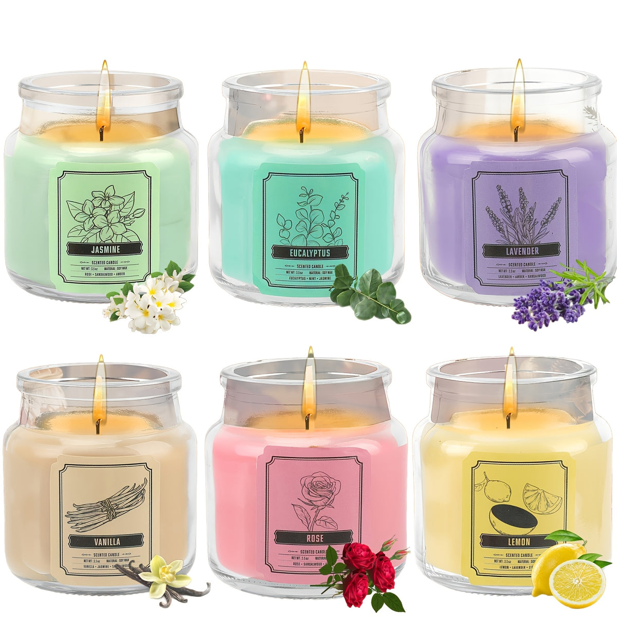6-Piece Soy Scented Candle Set 120 Hour Burn – Jasmine Eucalyptus Lavender Vanilla Rose Lemon 3.5oz Each, Aromatherapy Home Fragrance Gift for Thanksgiving Christmas Mother’s Day