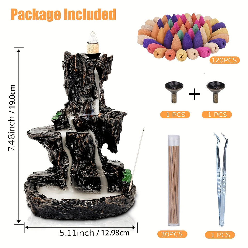 Backflow Incense Burner Waterfall Holder 2-Side Design with 120 Backflow Cones & 30 Incense Sticks - Aromatherapy Ornament for Home Decor, Meditation & Relaxation