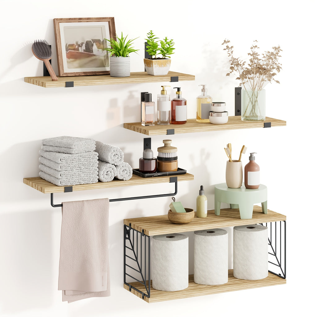 Vintage Wooden Floating Shelves Set of 3 with Guardrail – Wall Mounted Display & Storage Rack for Bedroom, Living Room, Bathroom & Kitchen – Rustic Wood Wall Shelf Multi-Functional Decor