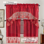 Kitchen Curtains 3 Piece Set with Valance and 2 Tiers – Faux Embroidery Semi-Sheer Rod Pocket Cafe Curtains for Kitchen Window, Dining Room, Bathroom, Lightweight Machine Washable