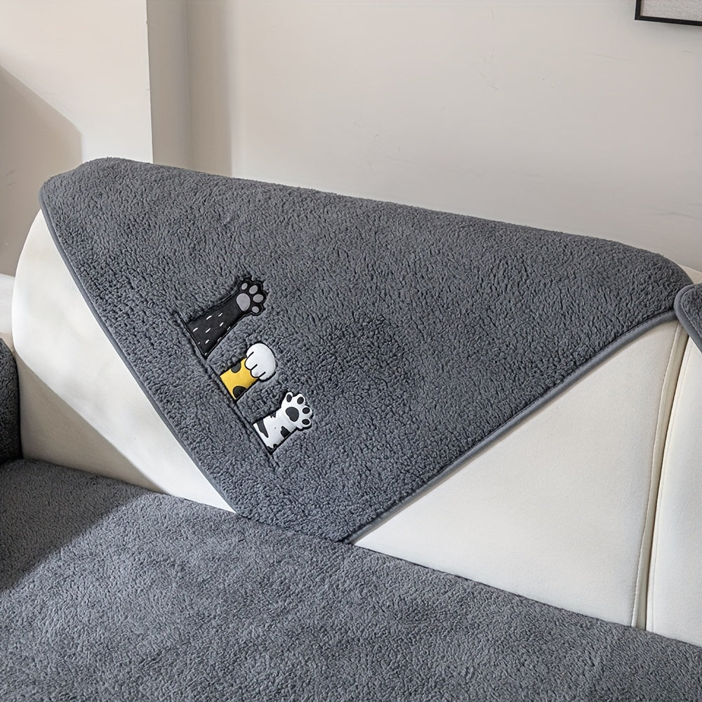 Sherpa Sofa Cover with Cat Paw Embroidery – Thick Plush Non-Slip Couch Slipcover, Pet-Friendly & Machine Washable Furniture Protector