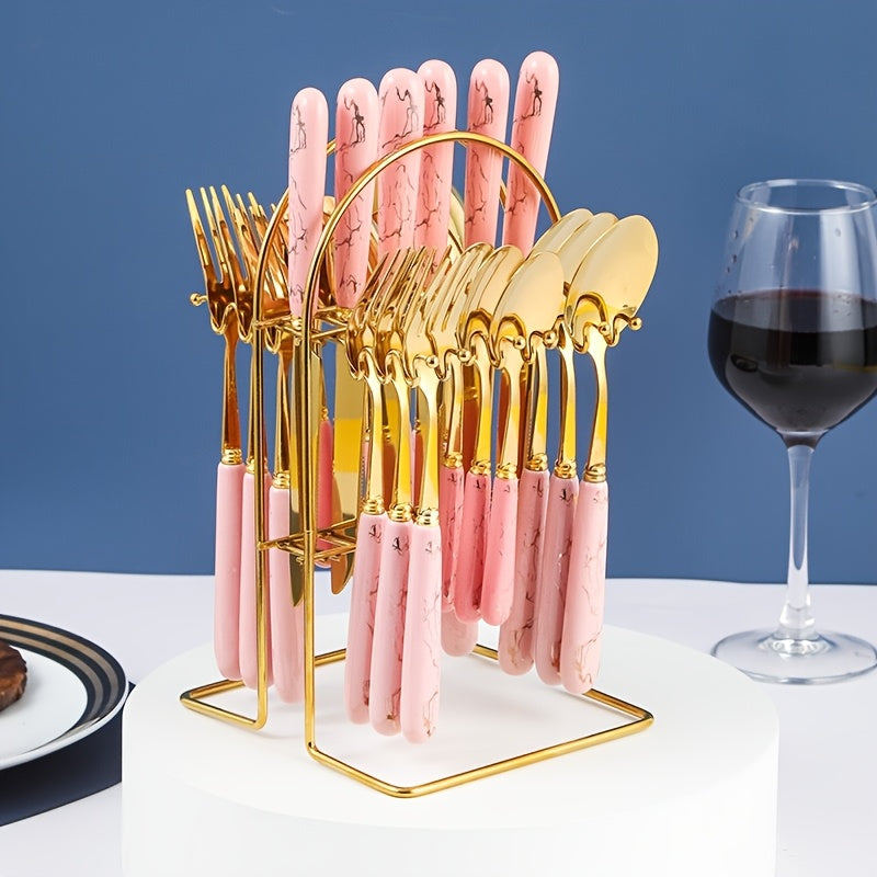 Marble Pattern Cutlery Set 24 Piece Polished Flatware Dinner Forks Soup Spoons Teaspoons for Home Restaurant Hotel Outdoor Dining Black Pink White Green