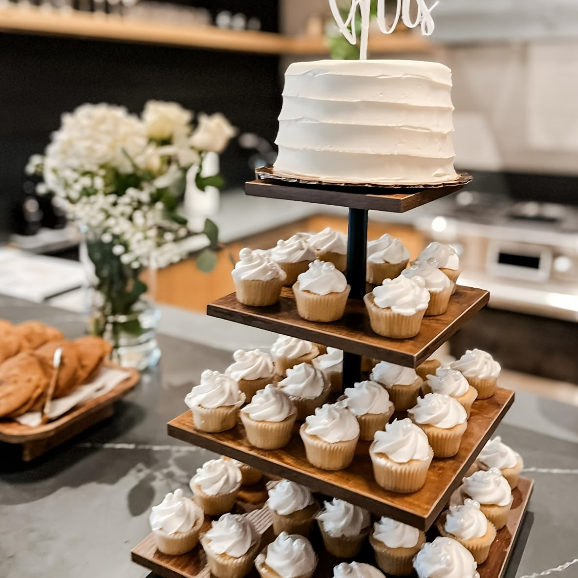 4 Tier Wood Cupcake Stand 360 Rotating Dessert Tower for 50 Cupcakes Farmhouse Tiered Cake Stand for Wedding Birthday Baby Shower Tea Party