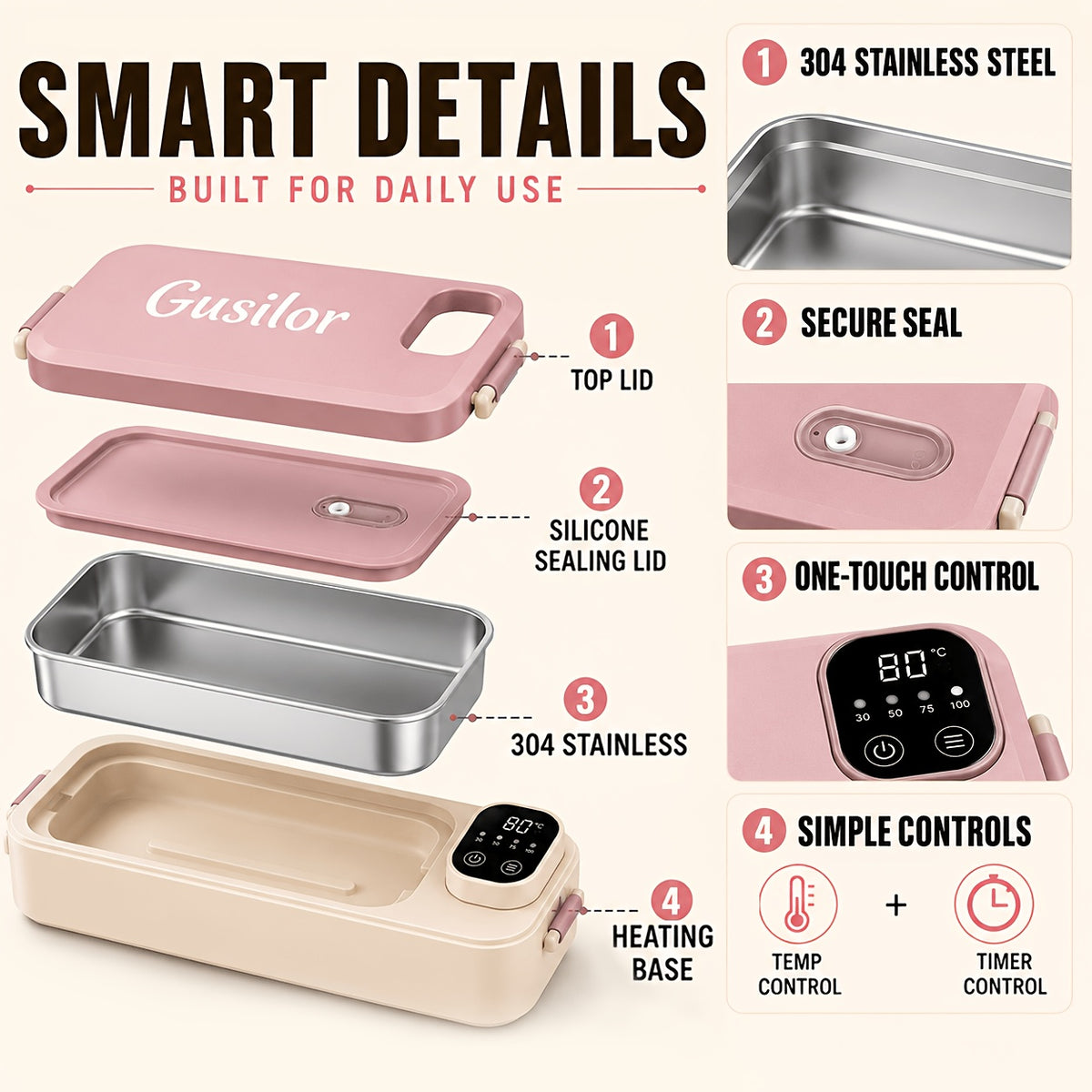 Heated Lunch Box Rechargeable with Timer - Self-Warming Portable Bento Box 80°C Keep Warm for Women & Men, Insulated Meal Prep Container with Lid, Electric Lunch Box for Work & Office