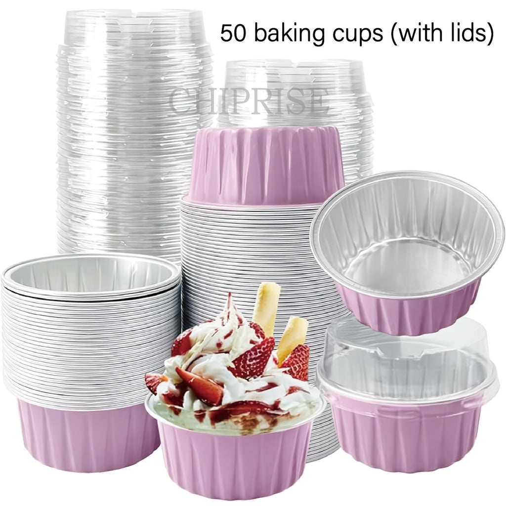 Aluminum Foil Baking Cups with Lids – Assorted Color Cupcake & Muffin Tins for Parties, Weddings & Events | 50-Pack with Lids or 30-Set with Spoons