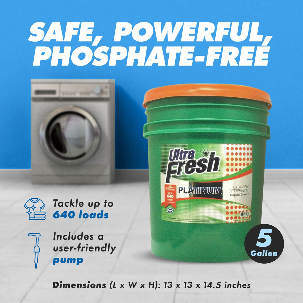 Ultra Fresh 6X Concentrated Liquid Laundry Detergent 5 Gallon with Pump, Up to 640 Loads HE Compatible All Machine Types, No Phosphates No Bleach, 4 Scent Options