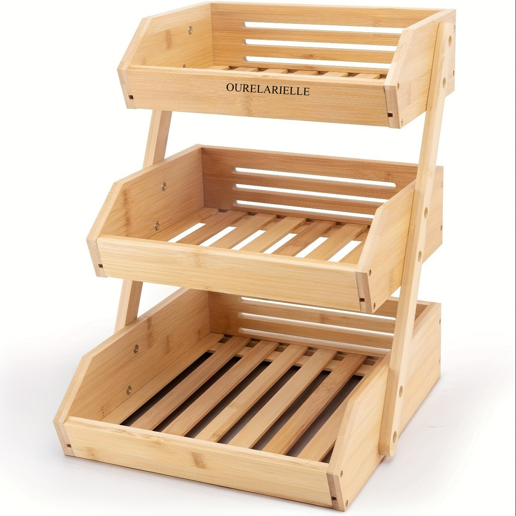 3 Tier Bamboo Fruit Basket Rack Large Capacity Countertop Kitchen Storage for Fruits Vegetables & Bread – Natural Wood Ventilated Design