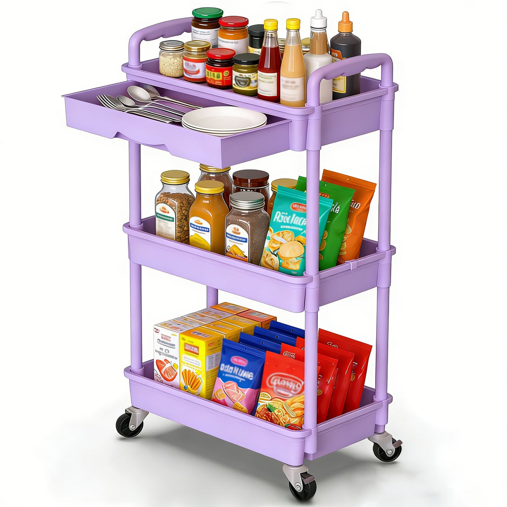 3/4-Tier Rolling Storage Cart with Drawers – Plastic Organizer with Lockable Wheels, Cup Holder & Hooks | Kitchen, Bathroom, Bedroom & Laundry Room