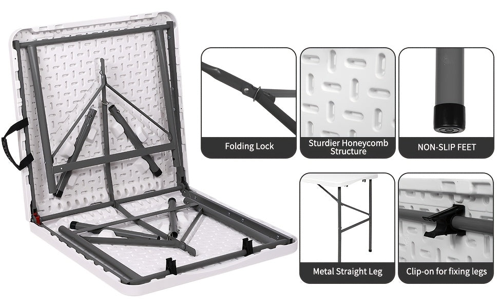 Folding Table 4 ft or 6 ft Plastic Portable with Carrying Handle and Locking Legs – Lightweight Fold-in-Half Table for Picnic, Camping, Party, Dining, Office & Outdoor Use | White