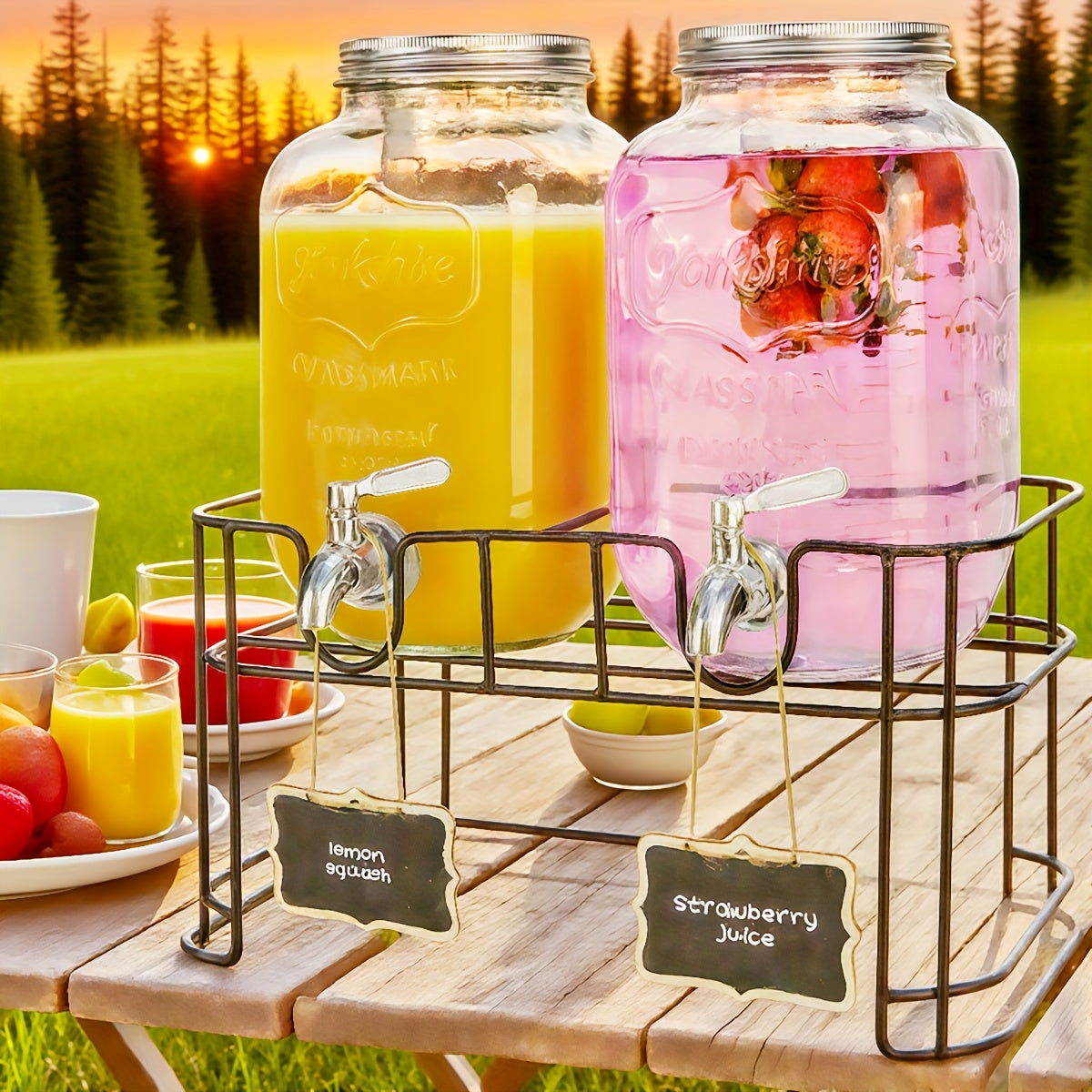 2-Pack 1-Gallon Glass Beverage Dispenser with Stand Stainless Steel Spigot and Ice Tube Leak-Proof Lemonade Water Drink Dispenser for Parties Camping Kitchen