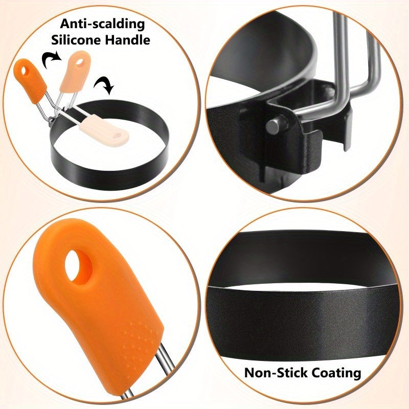 Egg Rings Set 6pcs Nonstick Stainless Steel with Silicone Handle – 4-Inch & 6-Inch Round Pancake Molds for Fried Eggs, Omelets & Breakfast Sandwiches