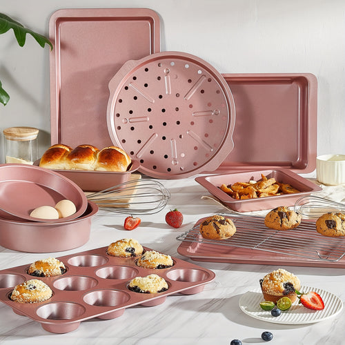 10-Piece Non-Stick Carbon Steel Bakeware Set – Cookie Sheet, Muffin Tray, Pizza Pan, Cake Tin & Roasting Dish, Complete Oven Baking Pans for Home Kitchen, Standard, Pink & Black