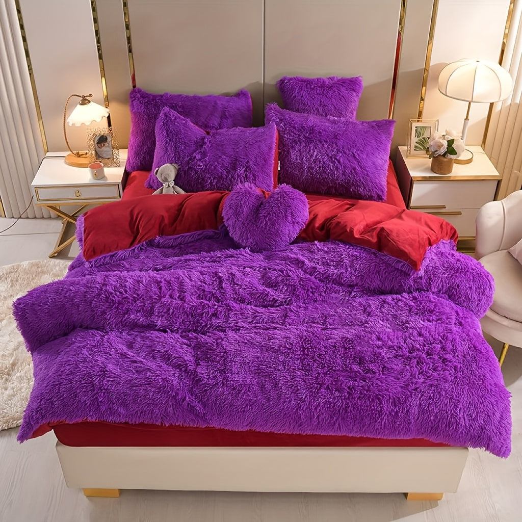 Velvet Duvet Cover Set Queen King Twin - Faux Down Flannel Bedding with Pillowcases & Bonus Heart Pillow, Zipper Closure Plush Thermal All-Season, 8 Colors 3/4-Piece