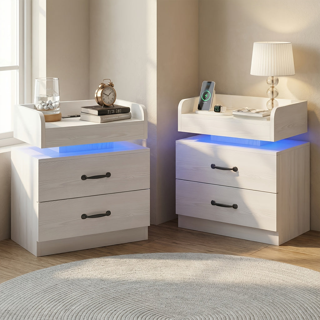 Nightstand with Charging Station LED Lights and 2 Drawers Bedside Table for Bedroom Living Room White Black Grey 1pc or 2pcs Set