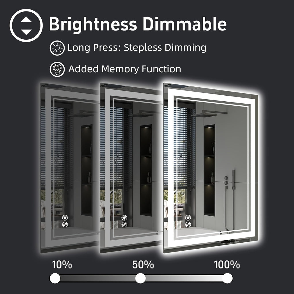 LED Bathroom Mirror with Anti-Fog, Dimmable 3-Color Lights & Stepless Brightness – Wall Mounted Vanity Mirror 24x36, 28x48, 32x40 Inch