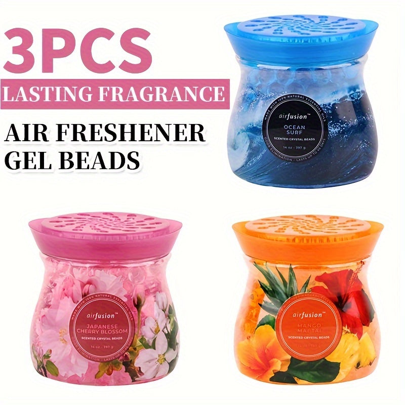 Odor Eliminator Gel Beads Air Freshener 3-Pack 14 oz Each – Essential Oil Formula, Mango Maitai, Cherry Blossom & Ocean Surf Scents for Bathroom, Car, RV & Pet Areas