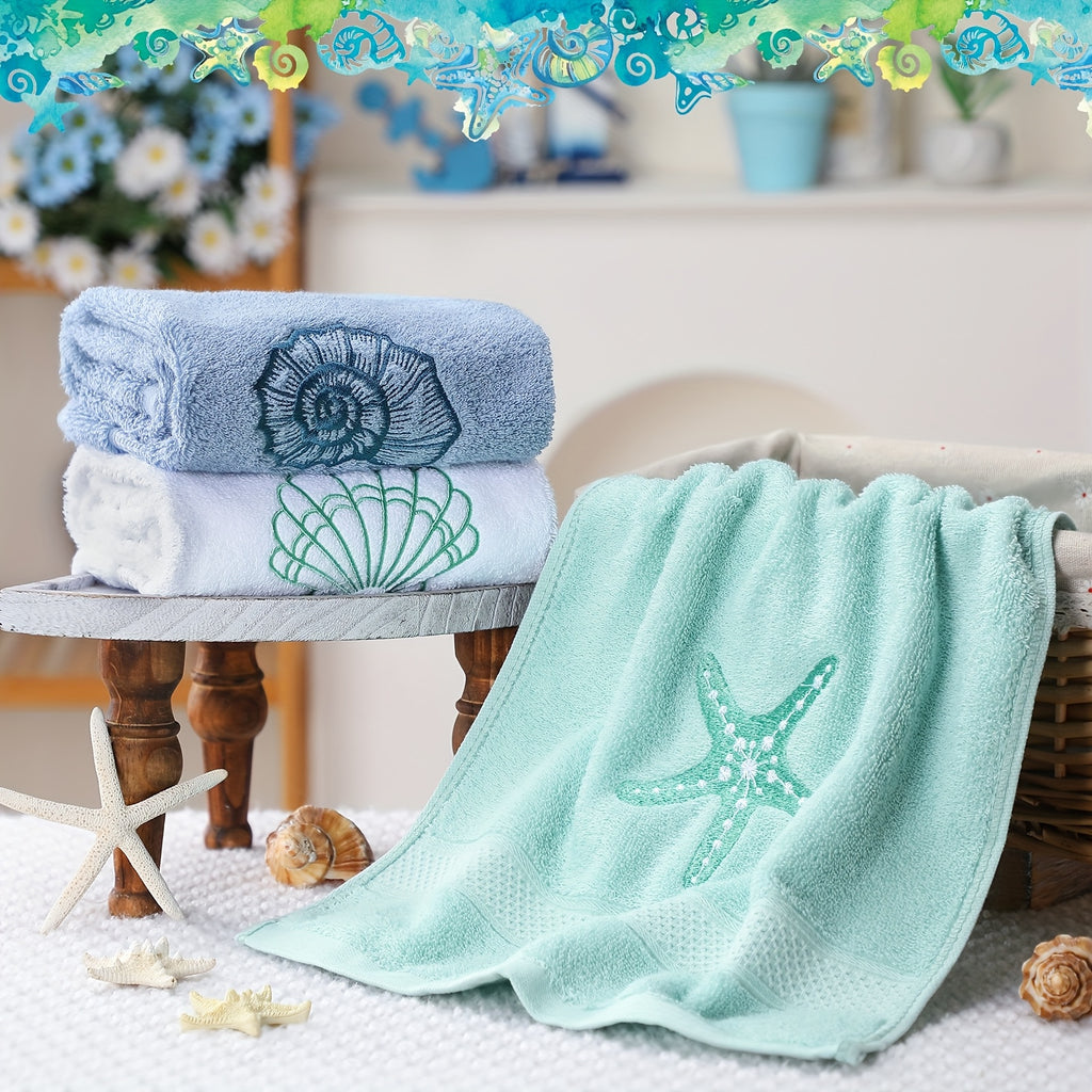 Coastal Hand Towels 3 Pack 100% Cotton - Embroidered Ocean Bathroom Towels 13.78x29.53 Inch, Soft Absorbent Classic Beach Hand Towel Set for Bathroom, Kitchen & Guest Room