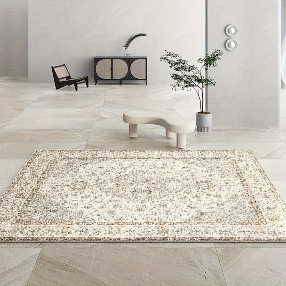 Plush Velvet Floral Geometric Area Rug 850 GSM Machine Washable Non-Slip Soft Beige Cream for Living Room Bedroom Office – Multiple Sizes