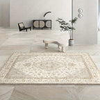 Plush Velvet Floral Geometric Area Rug 850 GSM Machine Washable Non-Slip Soft Beige Cream for Living Room Bedroom Office – Multiple Sizes
