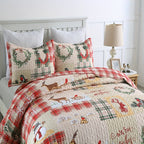 Christmas Quilt Set Queen King 3 Piece – Rustic Lodge Deer Snowman Snowflake Holiday Bedding Ensemble, Quilted Bedspread Coverlet with Pillow Shams, Machine Washable Lightweight Comforter